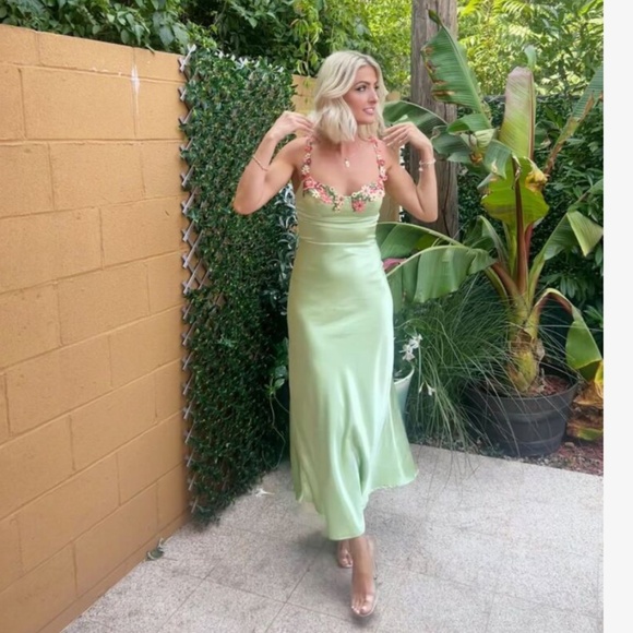 Green Satin Long Dress Floral Embroidery On Bust and Spaghetti Straps - Picture 9 of 16